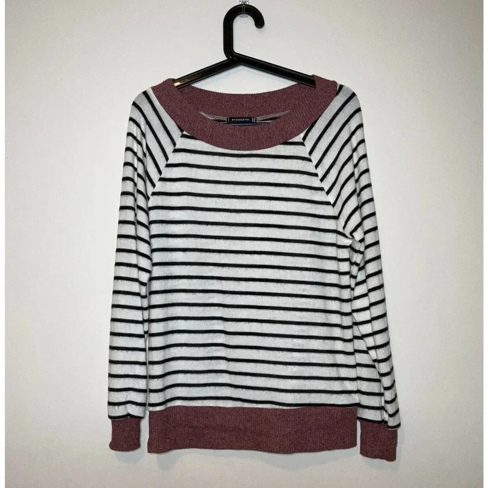 Staccato Womens Sweater Small Flowy White Black Stripe Pink Collar Lightweight